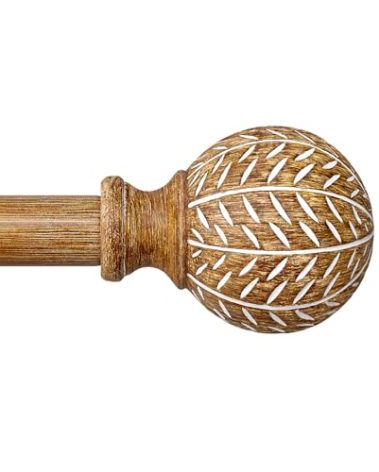 QDWIS Wood Curtain Rods for Windows 48 to 84 Inch,1'' Diameter Drapery Rods with Imitation Wood Grain Leaf Pattern Finials,Boho Adjustable Heavy Duty Curtain Rods Set,36-88'',Color:Natural Wood