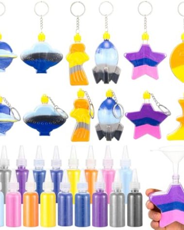 VioraWhite 12 Pack Sand Art Crafts Kit Sand Art Bottle Keychains Include 12 Sand Art Bottles with Keyring 18 Art Sand, Sand Art for Crafts Gift DIY Fun Starry Space Sky Theme Activities Favor