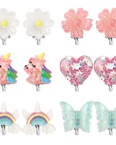6Pairs Crystal Unicorn Clip On Earrings for Little Girls, Rainbow Clip-on Jewelry Butterfly Earrings Toddler Girls Dress Up Jewelry