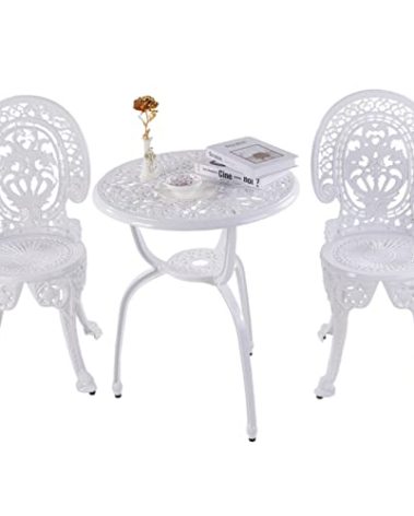 KAILI Patio Bistro Sets 3 Piece cast Aluminum Patio Furniture Outdoor Garden Metal Rust Proof Tables and Chairs White bisrto Set (Crown-White)