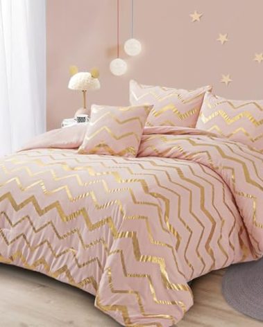 Menghomeus Pink Comforter Set Twin/Twin XL Size Metallic Blush and Rose Gold Bed Comforter 3 Piece Soft Microfiber Bedding for Teen Girls Women (1 Pillow Sham + 1 Decorative Pillow Sham)
