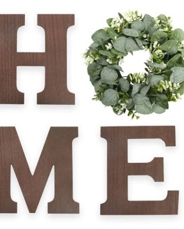 Wooden Home Sign Wall Hanging Decor - Wood Letters for Wall Art with Artificial Eucalyptus Wreath Rustic Home Decor Farmhouse, Wall Decor for Living Room Kitchen Housewarming Gift (Brown)