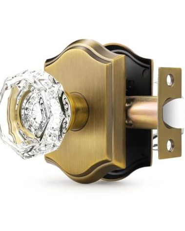 Orger Passage Door Knob for Hallway and Closet, Glass Door Handle with Non-Locking Latch, Octagonal Clear Crystal Door Knob 1 Pack, Antique Bronze Vintage Rosette with Heavy Duty Crystal