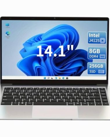 KurieTim 14.1 Inch Laptop, 8GB DDR4 RAM, 256GB M.2 SATA SSD, Laptops Computer with Celeron CPU J4125 (4C/4T, Up to 2.7GHz), 14.1" FHD IPS LCD Screen, WiFi, Webcam, USB-A x2, Mini HDMI, Silver