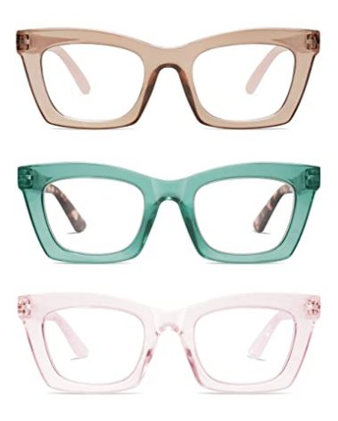 AMOMOMA 3 Pack Trendy Oversized Blue Light Stylish Readers for Women,Retro Square Cute Sturdy Computer Womens Reading Glasses AM6042 Brown+Green+Pink 2.0