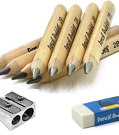 Pencil Buddies Short Thick Triangular Kids Pencils for 2-8 Year Olds, 2B Fat Pencils With Unbreakable 5MM Graphite Core, Pencil Sharpener and Eraser Included, (Natural Wood, Single Pack)