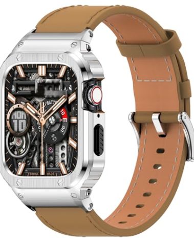 SUPLINK Leather Band with Stainless Steel Case Compatible with Men Apple Watch Bands 45mm, Metal Rugged Protective Bumper for iWatch Apple Watch Series 9 8 7 45mm Bands, Brown/Silver