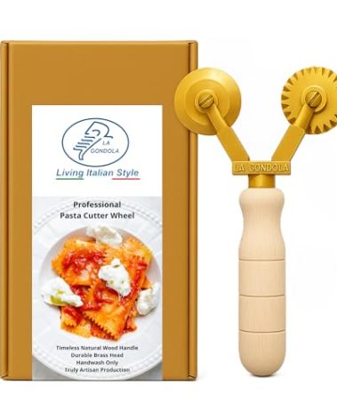 La Gondola Homemade Pasta Cutter - Double Wheel (Festooned & Smooth) | Pasta Making Tool for Home and Business | Brass & Natural Wood | Easy to Use Pasta Cutting Tool | Ravioli Cutter Made in Italy