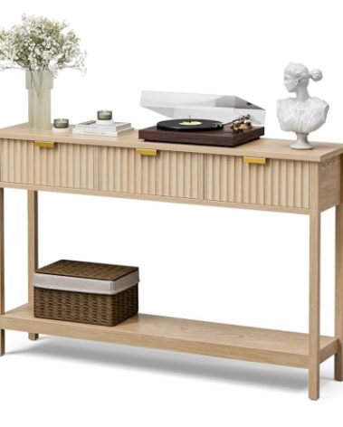LCRBOL Console Table with Storage, Boho Entryway Table with 3 Fluted Drawers and Shelf, Sofa Table for Living Room, Entryway, Hallway, Natural