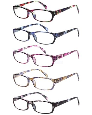 Kerecsen Reading Glasses 5 Pairs Fashion Ladies Readers Spring Hinge with Pattern Print Eyeglasses for Women (Mix Color -2, 1.75)