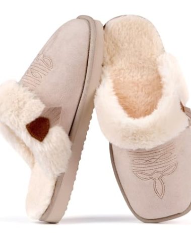 OOW Fuzzy House Slippers for Women with Memory Foam Comfy Bedroom Cozy Fluffy Western Cowgirl Boot Slippers Indoor Outdoor Square Toe