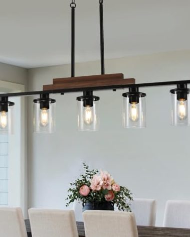 5-Light Dining Room Light Fixture Over Table, Farmhouse Kitchen Island Lighting, Linear Chandelier with Clear Glass Shades, Modern Rustic Wood Chandelier with Adjustable Height