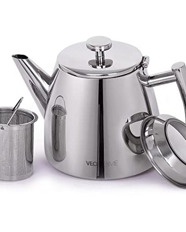 VeoHome Stainless Steel Tea Pot with Infuser - Keeps Heat Thanks to its Double Wall, Silver (0.5 Liter (17 oz))…
