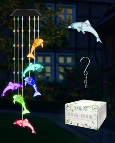 Roying Solar Dolphin Wind Chimes-Hanging Solar Lights for Outside,Color Changing Lights for Indoor and Outdoor Decor,Gift for Mom,Dad,Grandma,Friends and Birthday, RYL033-DP-L