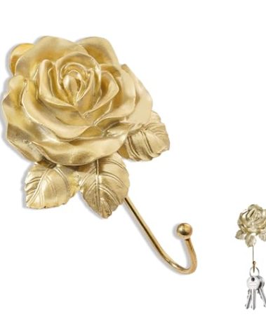 YKEBVPW Gold Decorative Wall Hook Set Rose Flora Cute Hooks Vintage Brass Whimsical Flower Hooks for Towel Coat Hat Key Bag Scarf Robe Bathroom and Room Decor