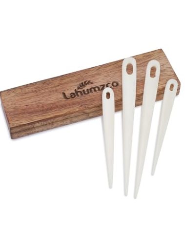 Lahumzco Handmade Set of 5 Nalbinding Bone Needle with Large Eyed Binding Tool, Multipurpose Weaving Knitting Stitching Needles for Craft Work with Wooden Box (3.5 and 5 inch) (5)