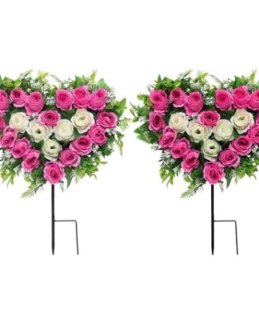 Lodou 2 Sets Artificial Cemetery Flowers, Grave Memorial Flowers with Ground Spike,Heart Shaped Wreaths Rose Flowers for Artificial Rose Decoration for Cemetery Headstones Gravesites (Pink)
