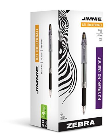 Zebra Pen Jimnie Rollerball Gel Pens, Medium Point, 0.7mm, 24-Count (20 black, 4 blue)