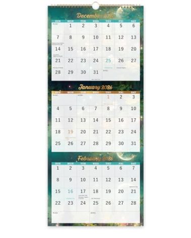 2026 Calendar - 3 Month Wall Calendar Vertical Display (Folded in a Month), JAN 2026 - DEC 2026, 11" x 26", 3 Month Calendar, 2026 Wall Calendar 12 Month - Green