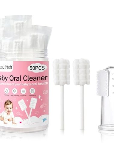 RoseFish 50Pcs Baby Tongue Cleaner for 0-36 Month No Glue Disposable Baby Mouth Oral Cleaner Infant Toothbrush Gum Cleaner 3D Soft Infant Tongue Cleaner+1PCS Finger Toothbrush