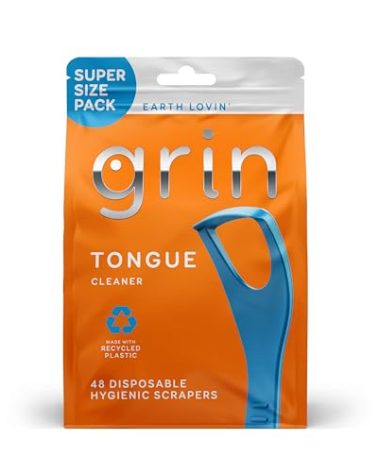 GRIN Tongue Cleaner, 48 Count, Disposable Tongue Cleaner, Hygienic Scraper, Recycled Plastic, Clean Tongue, Promote Fresh Breath, Includes Safe Fold- Back Tooth Pick