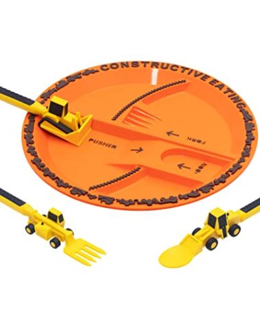 Constructive Eating Plate and Utensils Set - USA-Made Toddler Dinnerware with Divided Plates (Construction)