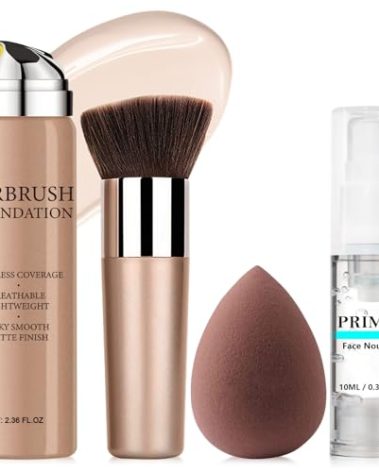 AirBrush Foundation Spray With Primer and Brush, Silky Mist Foundation Spray Makeup, Full Coverage Foundation for Smooth Radiant Finish, Formula Breathable Lightweight Hydrating(#4 Porcelain)