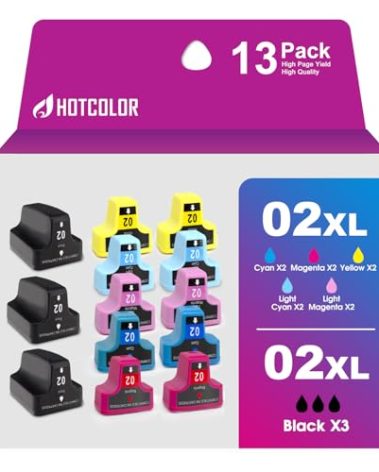 HOTCOLOR Remanufactured for hp 02 Ink Cartridges Replacement for HP C6280 Ink cartridges Photosmart c7250 Ink C7200 C7280 8250 C6180 C5280 Printer (3BK/2C/2M/2Y/2LC/2LM, 13-Pack)