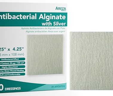 Areza Silver Calcium Alginate Antibacterial Wound Dressing Pads – Sterile, Non-Stick, Highly Absorbent; for Wound Drainage & Infection Risk (4.25″×4.25″, 20-Pack per Box), 1 Box