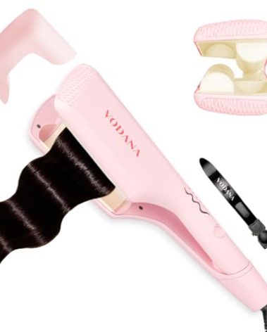 VODANA Professional Triple Flow Ceramic Hair Waver - Easy Beach Waves with Embedded Double Barrel Wave Iron. Experience Instant Heat, Long-Lasting Performance, and Quick Heat (1.25 inch, Pink Vanilla)