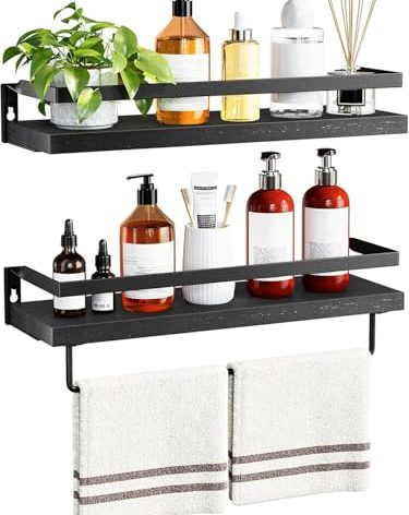 AMADA HOMEFURNISHING Bathroom Shelves with Towel Bar, Floating Shelves, Wall Shelves for Bathroom/Living Room/Kitchen/Bedroom, Black, Set of 2 - AMFS01B