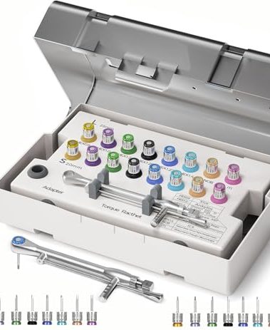 Rkazes Dental Implant Kit, Universal Prosthetic Torque Wrench Repair Tool Set, Adjustable Ratchet & 16 Pcs Screwdriver Tool, Torque Value of 10-70Ncm, Disassemble/Secure Implant Restorations