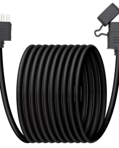 Yfykjelec 18 AWG 30 FT Flat 4 Pin Trailer Connector 360" Brass 4 Pin Trailer Wiring Harness Kit with Jacket Heavy Duty Male and Female 4 Way Trailer Wire Extension Plug with Dust Cover