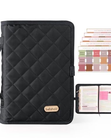 BellaHold Adjustable Bible Cover with 75 Bible Tabs - Bible Cover Case for Women，Waterproof, Washable Quilted Bible Case，Reusable Christian Gifts for Women (Black, M)
