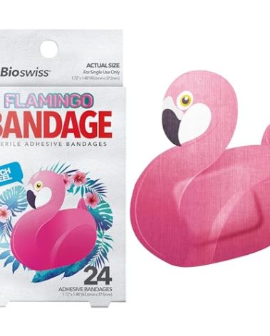 BioSwiss Kids Bandages, Flamingo Shaped Self Adhesive Bandage Set, Latex Free, Sterile Wound Care, 24 Count