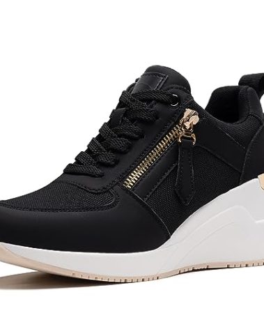 Viscozzy High Heel Wedge Sneakers for Women Dressy Platform Hidden Wedge Tennis Shoes Lightweight Fashion Heeled Sneakers Lace Up Women W139-SZW36-BLACK-7