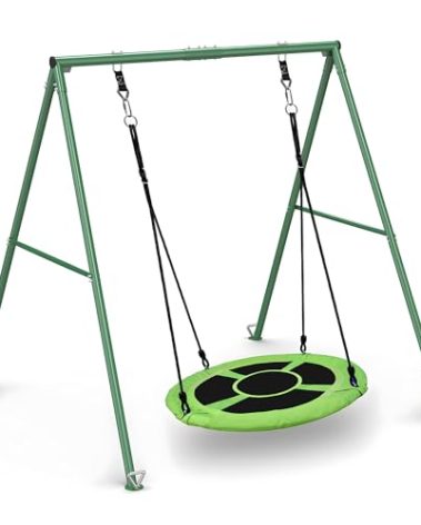 PACEARTH 440lbs Capacity Flying Saucer Swing Set with Heavy Duty A-Frame Metal Swing Stand, Full Steel, Outdoor for Kids, Backyard, Playground, Outdoor,Green