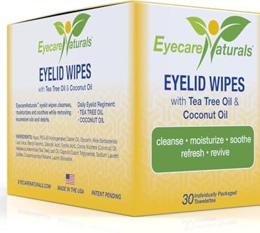 Eyecare Naturals Tea Tree Oil Eyelid Wipes with Coconut Oil - Dry Eye Wipes No Rinse, Natural Essential Oil Cleansing Eye Wipes - Daily Eyelid Makeup Remover - Box of 30 Individually Wrapped Wipes
