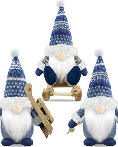 Gehydy Christmas Gnomes Decorations Set of 3 Mini Gnome with Sled Handmade Scandinavian Tomte Santa Xmas Decor for Home Kitchen Farmhouse Tiered Tray - Blue