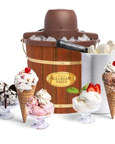 Nostalgia Electric Ice Cream Maker - Old Fashioned Soft Serve Ice Cream Machine Makes Frozen Yogurt or Gelato in Minutes - Fun Kitchen Appliance - Vintage Wooden Style - Dark Wood - 4 Quart