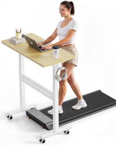 WALKINGDESK Mobile Walking Pad Desk with Wheels, Pneumatic Small Rolling Standing Desk Riser Height Adjustable (28-43.7") for Treadmill, Portable Computer Table for Home Office, Oak
