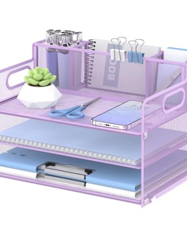 SUPEASY 3 Tier Desk Organizer with Handle & 3 Pen Holders, Mesh Paper/File Organizer for Desk, Paper Letter Tray Organizer for Office Supplies (Light Purple)