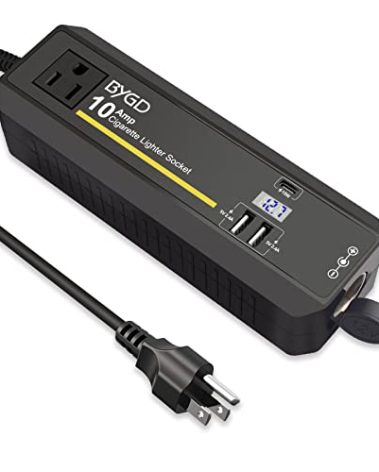 BYGD 4 in 1 AC to DC Converter, 120W Adapter 12V 10A Car Cigarette Converter Lighter Socket Cigarette Lighter Socket Power Adapter 2 USB Ports 5V/2.4A and Type-C, LCD Screen