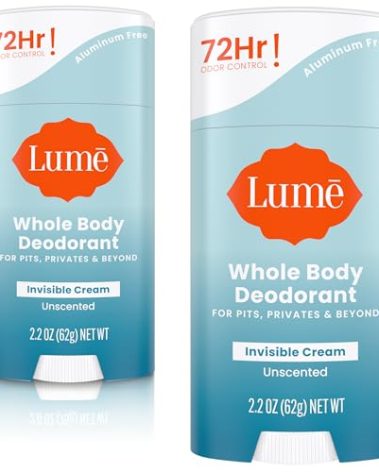 Lume Whole Body Deodorant - Invisible Cream Stick - 72 Hour Odor Control - Aluminum Free, Baking Soda Free, Skin Safe - 2.2 Ounce (Pack of 2) (Unscented)