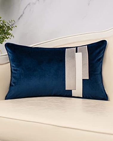 Yangest Navy Blue Decorative Velvet Lumbar Throw Pillow Cover Striped Patchwork Cushion Case Modern 12x20 Inch Pillowcase for Sofa Couch Bedroom Living Room Home Decor