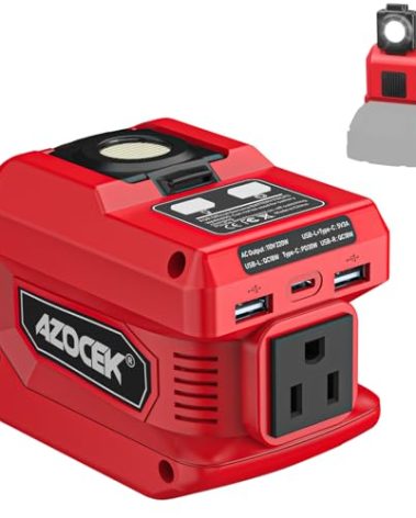 220W Azocek Power Inverter Compatible with Milwaukee 18V Battery, DC 18V to AC 110V Portable Power Station with 1 AC Outlet, 2 USB Ports & 1 Type-C Fast Charging, 400LM LED Work Light