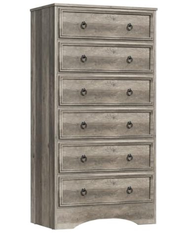 VVFLU 6 Drawer Dresser 52" Tall for Bedroom, Wood 6 Chest Drawers, Storage for Clothes, Narrow Large Drawers, Taupe Vintage, for Living Room, Bedroom, Hallway, Brownish Grey