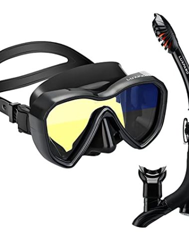 LUXPARD Snorkel Set, Anti-Fog Panoramic View Snorkel Mask and Anti-Leak Dry Snorkel Tube, Snorkeling Gear for Adults, Snorkel Kit Bag Included (Black)