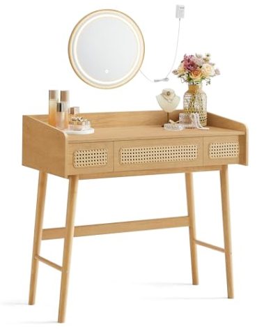 SONGMICS HOME BOHOVEN Collection - Vanity Desk with Mirror and Touch Control Lights, Boho Makeup Vanity with 3 Rattan-Look Drawers, Dimmable Light with 3 Color Settings, Oak Beige URVT007Y02V1