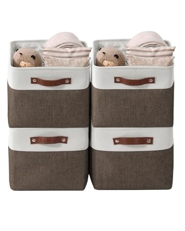 DECOMOMO Storage Baskets for Shelves - Fabric Storage Bins, Linen Closet Organizers and Storage (Brown & White, Large - 4 Pack)